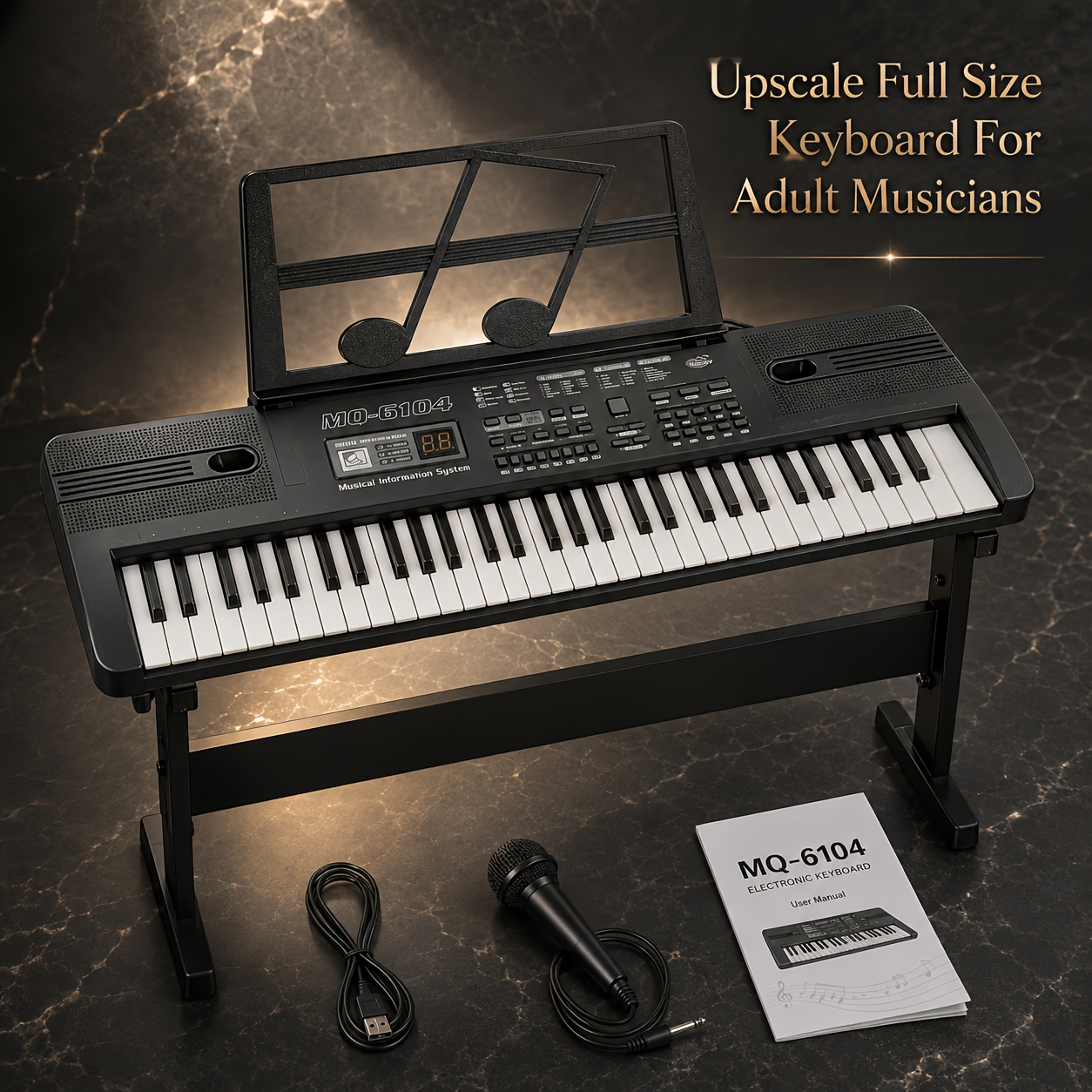 TEMU Mq-6104 Style 61-key Usb Powered Music Keyboard Kit, Portable Electronic Keyboard For Adult Beginners, With Stand, Wired Microphone, Usb Cable,