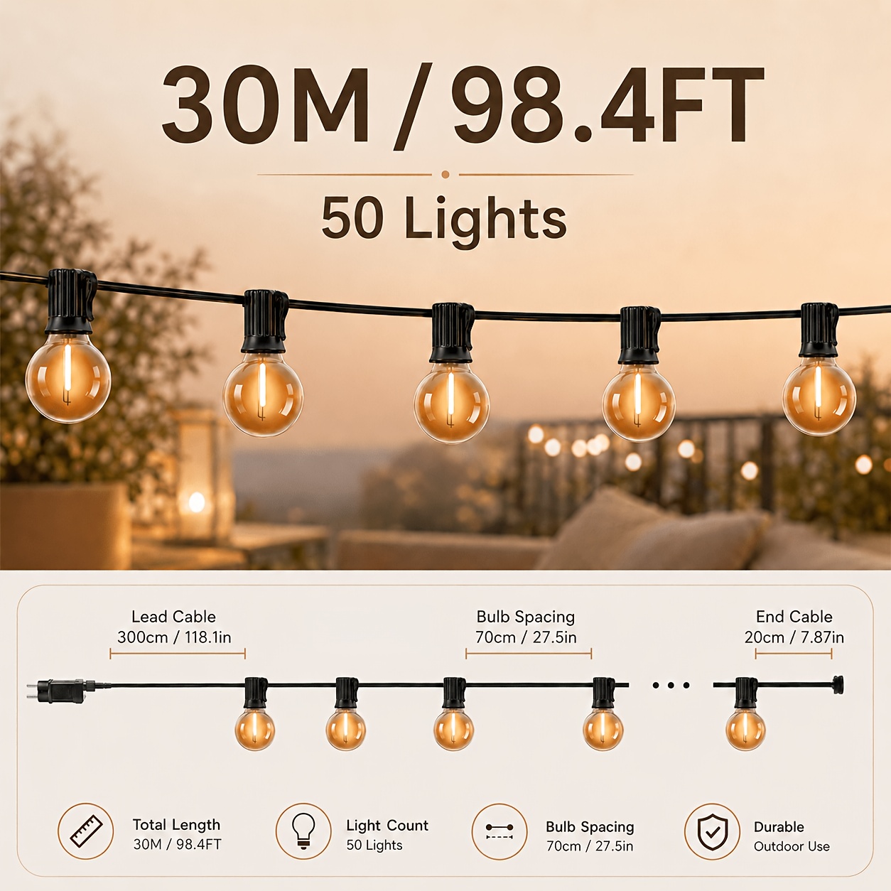 Image of 20m/30m G40 String Lights Plug-in Ip44, 8 Lighting Shatterproof Freeze-resistant Decorative Fairy Lights For Christmas Patio Room
