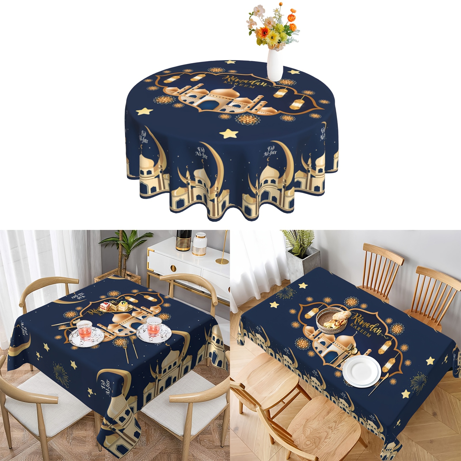 

[1pc Ramadan Round Tablecloth] 1pc Ramadan Round Tablecloth, Polyester Woven Graphic Design, Machine-made, Ideal For Home & Kitchen Decor, Eid Al-fitr Celebration Accessory