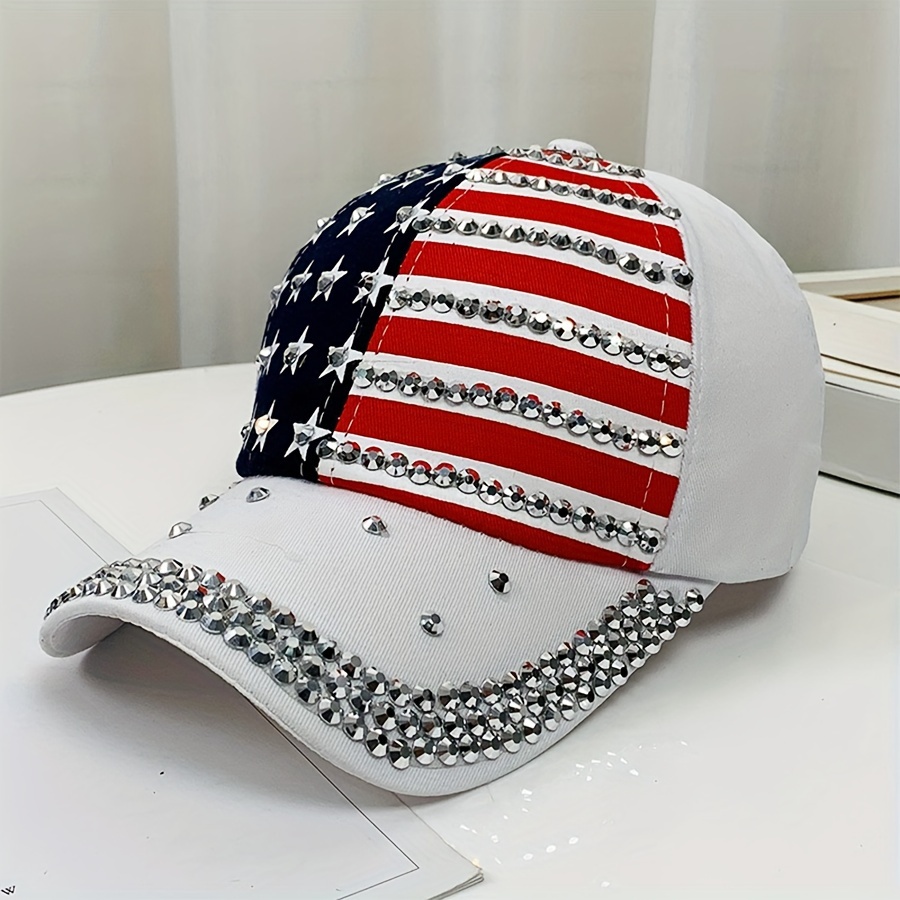 

American Flag Rhinestone Baseball Cap, Sparkly Star Pattern Peaked Hat, Summer Sun Protection Casual Hat For Women, Breathable Lightweight Design, Unisex Adjustable Fit