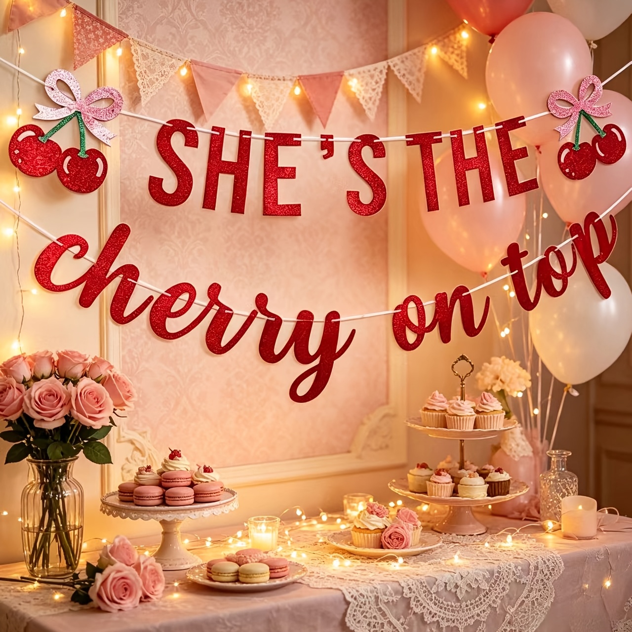 TEMU 1pc ' The Best' Glitter Banner Decoration, Red And Pink Bows, Birthday Wedding Party/cute Cherry Style Font Banner/bachelorette Theme/birthday
