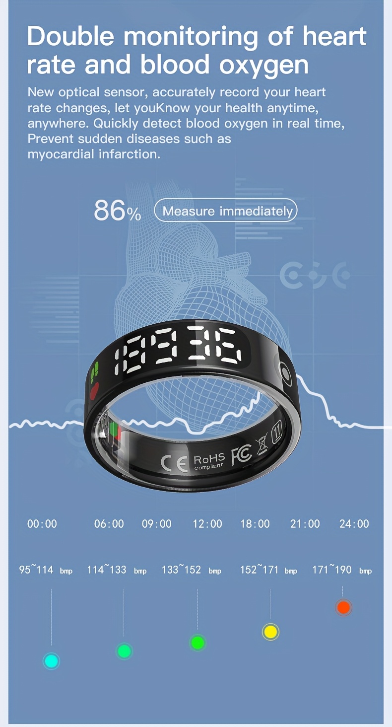 Protingas žiedinis fizinio aktyvumo seklys su ekranu, įrašo žingsnius, atstumą, kalorijas, miegą, stebi judėjimą, suderinamas su iPhone ir Android, atsparus vandeniui pagal IP68 standartą, išmanieji papuošalų priedai, tinkami moterims ir vyrams kaip dovanos, Valentino dienai ir kitoms šventinėms progoms