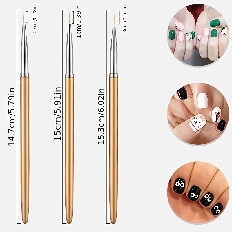3pcs Metal Round Art Gel Extension Builder Painting Liner Brushes, Drawing Flower Petal Pen Kit Manicure Tools Set