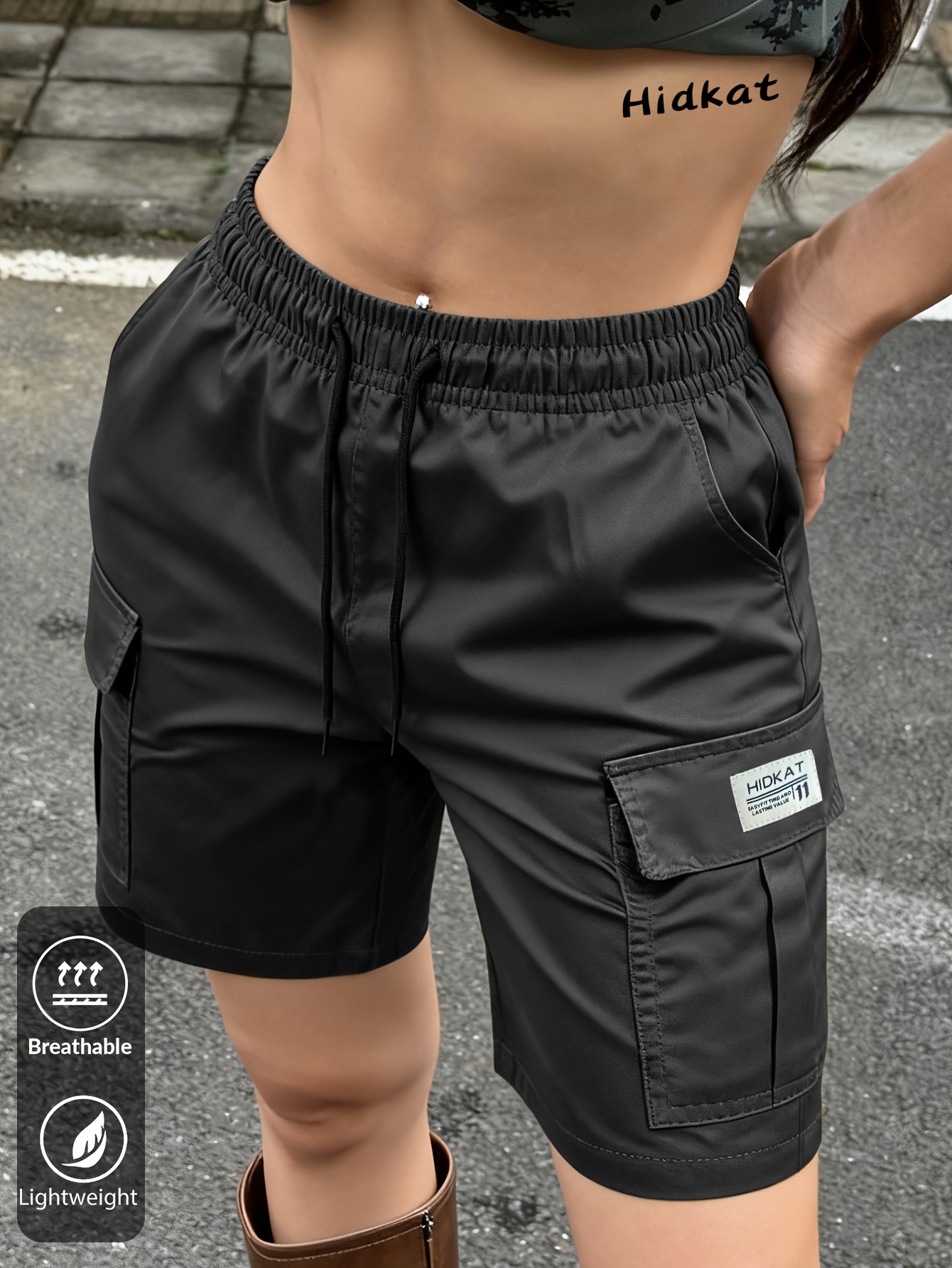 Women's Cargo Shorts with Elastic Waist & Drawstring - Summer Short Length Non-Stretch Shorts Suitable for Outdoor, Casual Wear,, - Solid Color Cargo Shorts with Utility Pockets