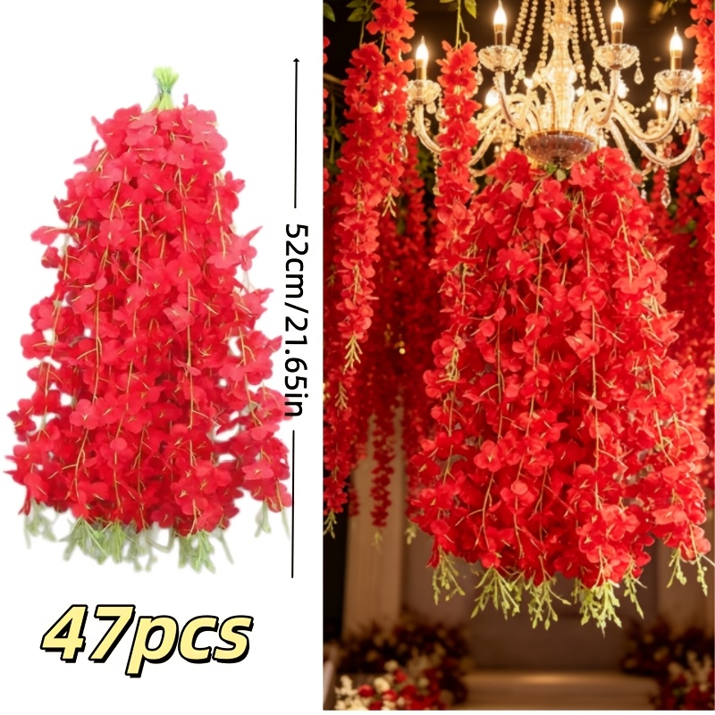 TEMU 47pcs Red Artificial Wisteria Hanging Vines | Home And Wedding Decor, An For Christmas, Halloween, Valentine's Day, And Thanksgiving - Durable