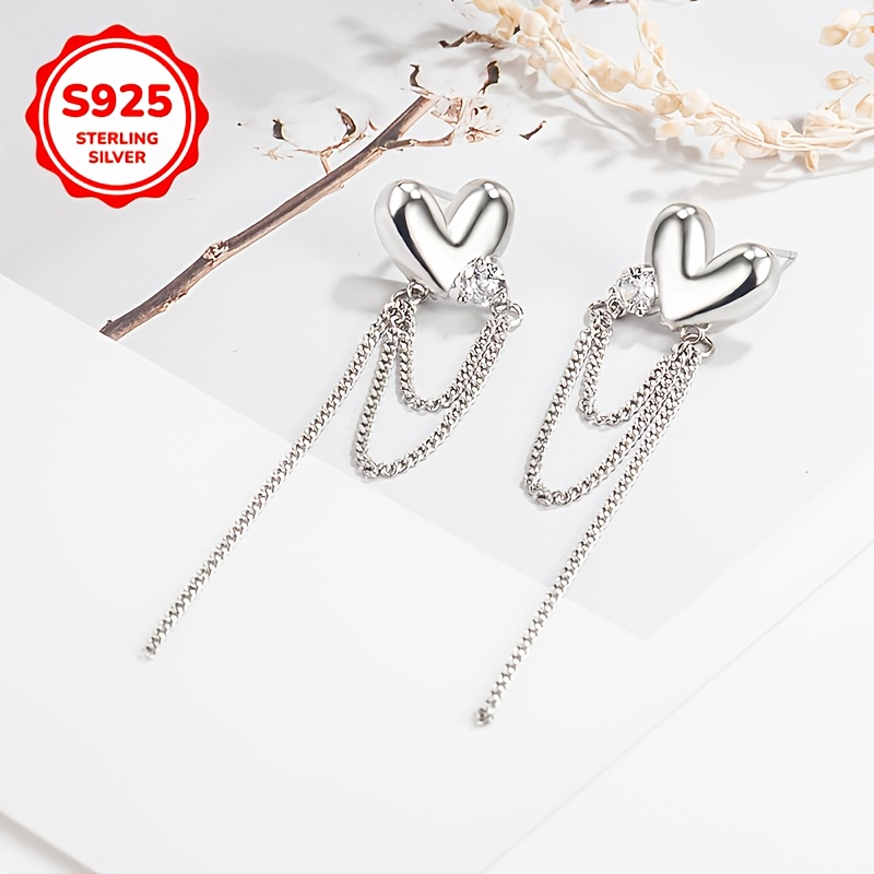 925 Silver Low-Allergy Heart Tassel Earrings