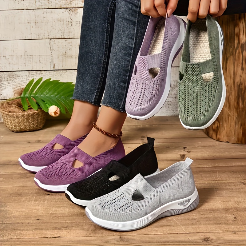 

Women's Breathable Knit Sneakers - Comfortable Slip-on Casual Shoes With Rubber Sole, All-season Low Tops
