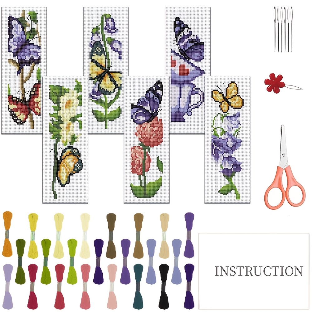TEMU 6pcs And Floral Cross Stitch Bookmark Art Set - Includes 6pcss Printed Cross Stitch Fabrics, Threads, Embroidery Tools, Manual - Suitable For