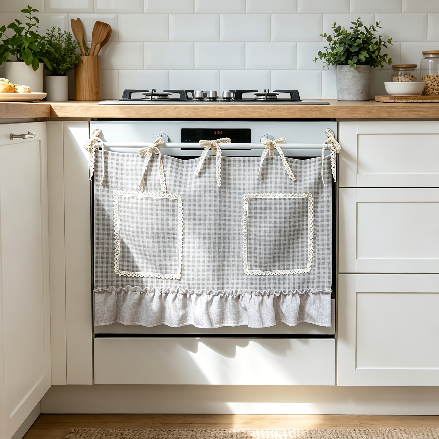 1 Panel Vintage Oven Skirt Curtain With Pockets Valance Dust Proof Rustic Drapes Tab Top For Dishwashers/washing Machines/kitchen