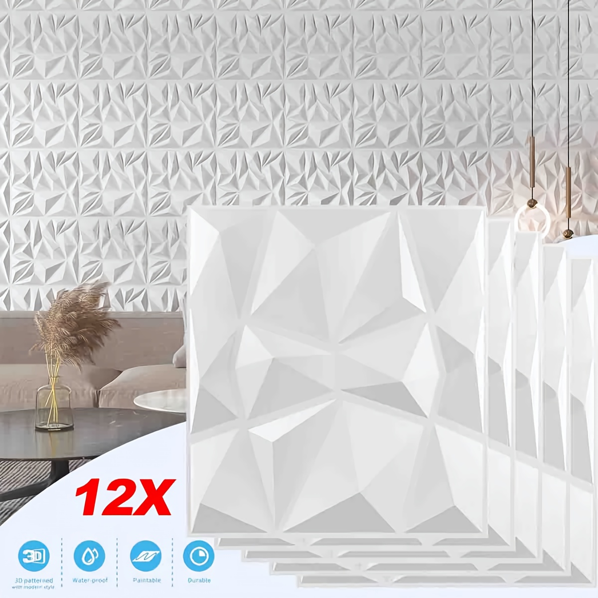 Image of 12pcs Matte White Embossed Background Wall Panel Stickers, Three-dimensional , Suitable For Bedroom, Living Room, Bathroom