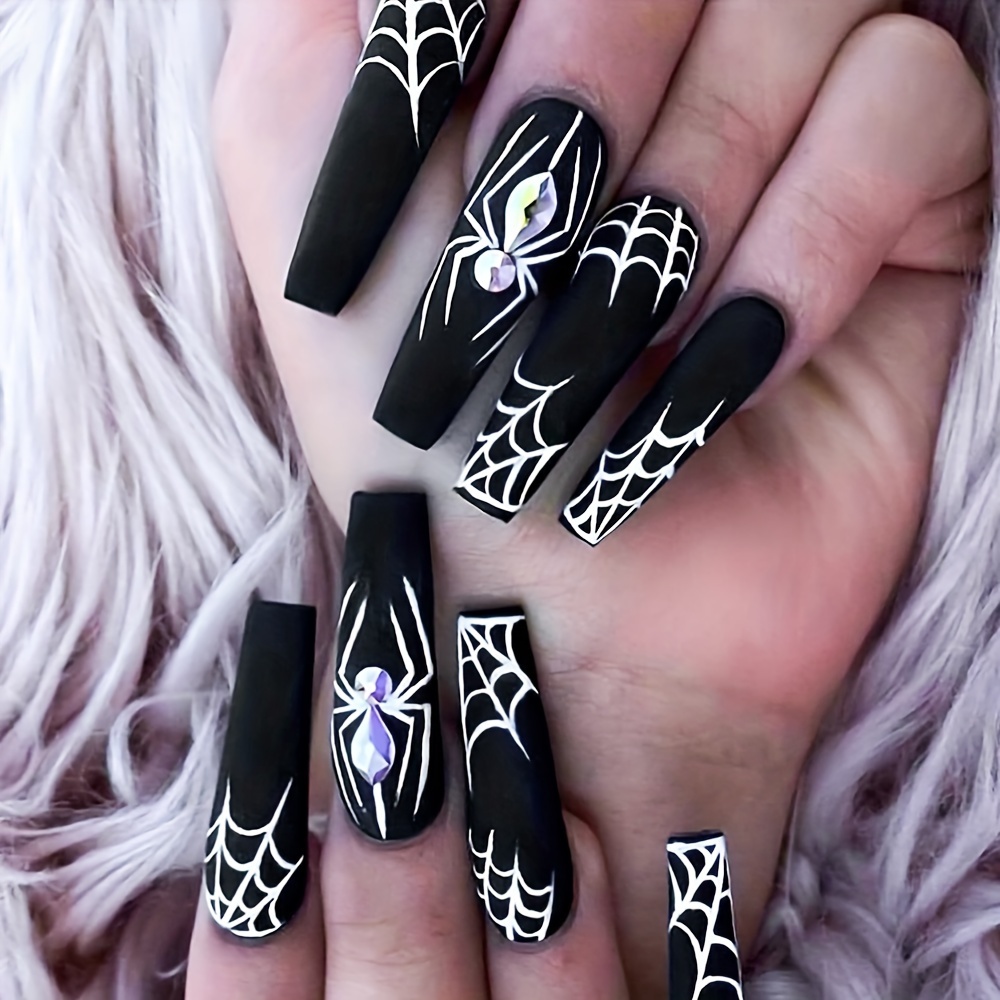 

24pcs Spider With Diamonds Fake Nails - Spider Web Long Press On Nail Tips - Removable Wearable Ballet False Nails Art - - Michelleccy Brand - Long - Cartoon And Design