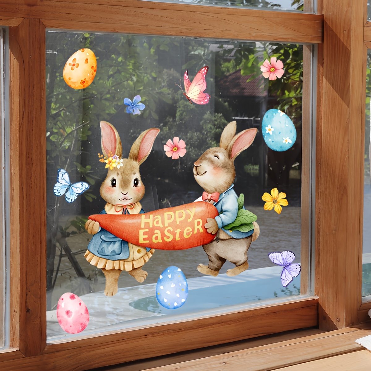 

Easter Celebration Window Clings - 20x30cm Dual-sided Decals With Duo, , Eggs & Butterflies - Reusable Pvc Stickers For Bedroom & Balcony Decor, Bunny Accessories