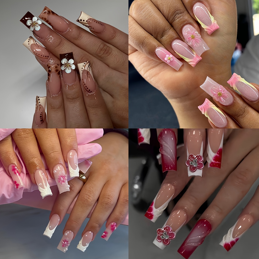 TEMU 96pcs Faux Ongles Carrés Longs à Pression pour Mains et Pieds - Base Nude avec Imprimé Léopard, French Tips, Fleur à et Accent Strass, Brillants