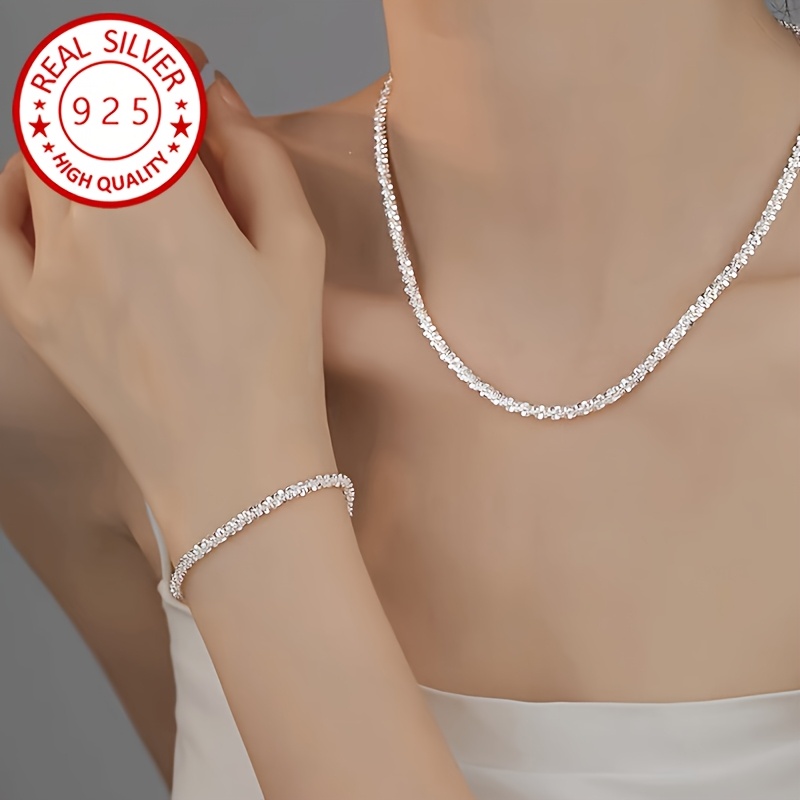 

2pcs Elegant 925 Sterling Silver Jewelry Set, Sparkling Necklace And Bracelet, Wedding, Birthday, New Year, Valentine's Gift
