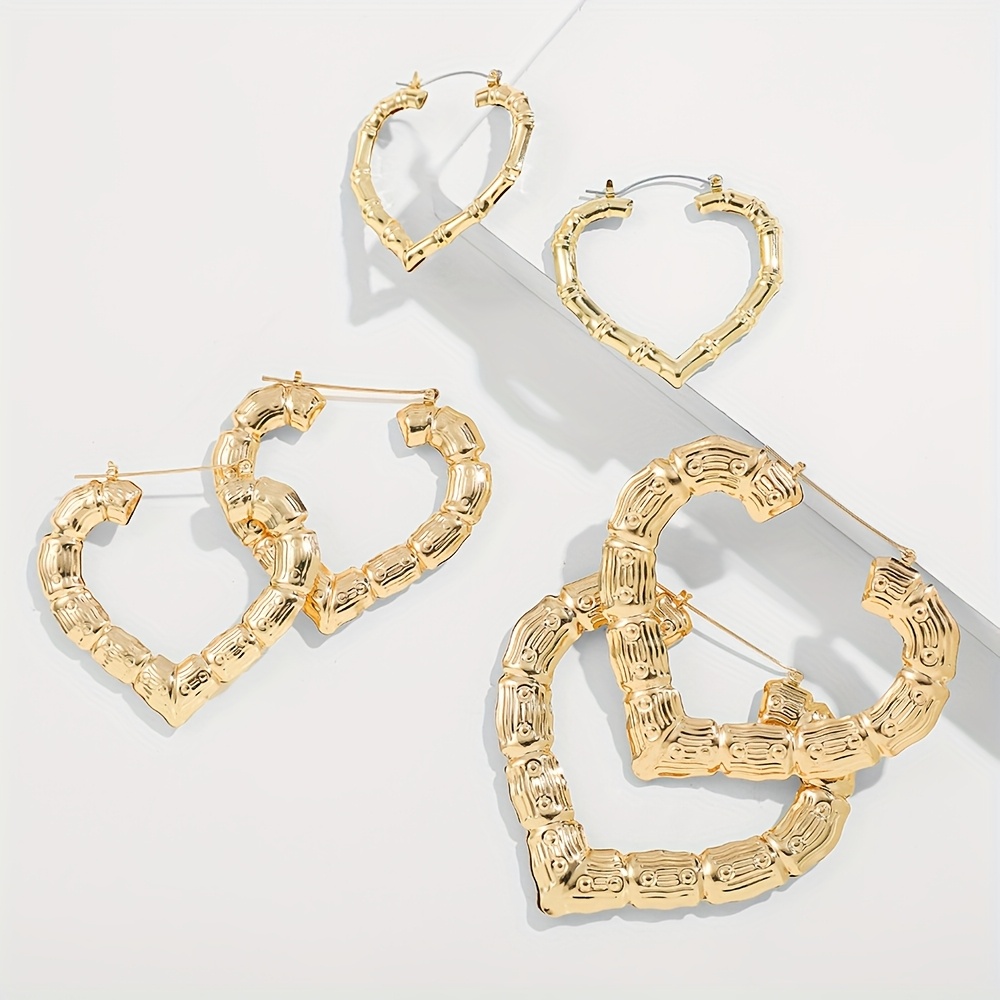 TEMU 3 Paires de Grandes Boucles d'Oreilles Métalliques Personnalisées Ensemble Pêche Cœur Bambou