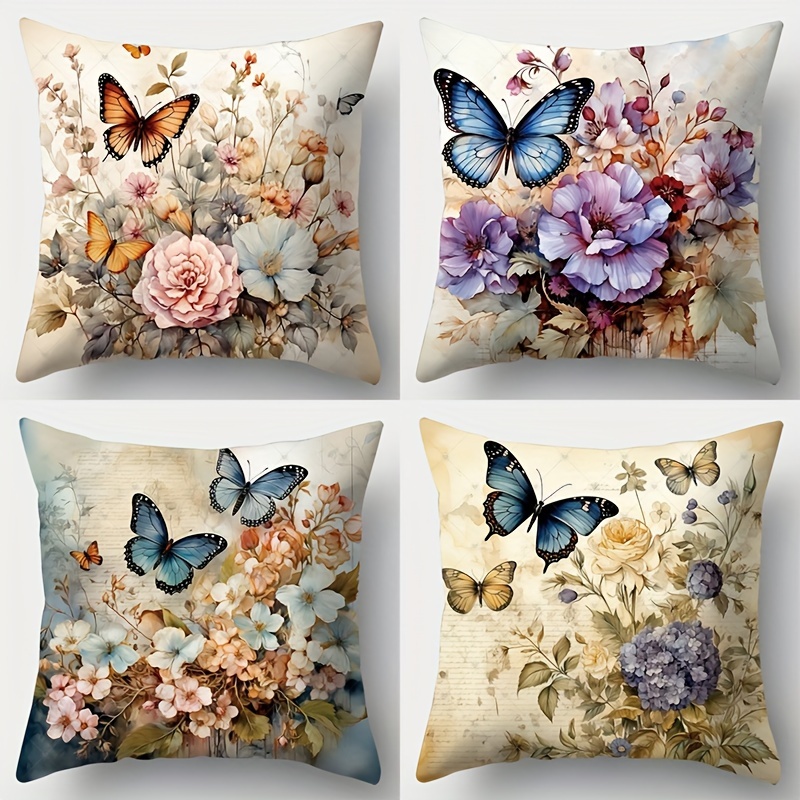 

Charming Butterfly & Floral Throw Pillow Covers, 4pcs Set - Vintage Yellow & Pink, Perfect For Living Room & Bedroom Decor (inserts Not Included) Decorative Pillows Pillows Decorative