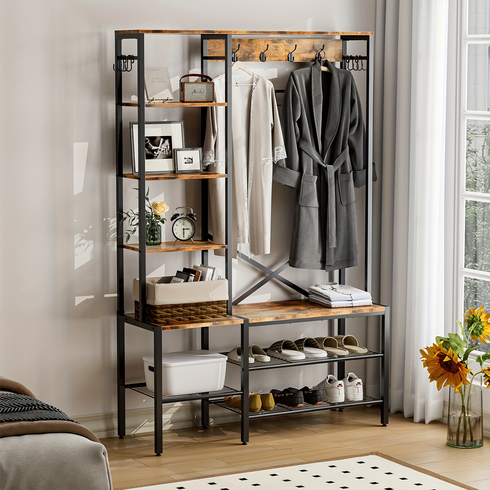 

Freestanding Coat Rack, Hang Clothes, Coats, With Bench And Shoe Storage, Suitable For Bedroom, Living Room, Corridor