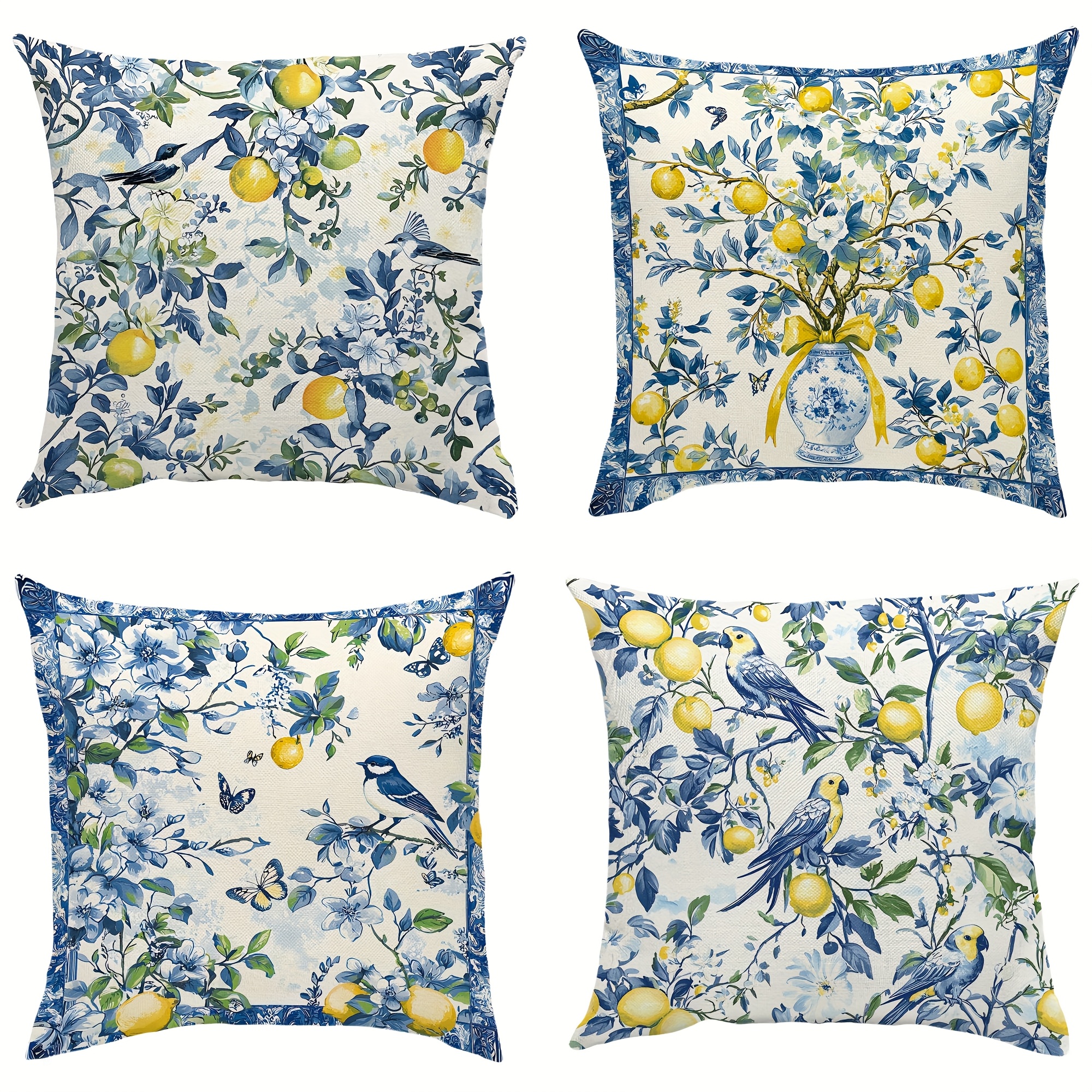 TEMU A Set Of 4 Outdoor Cushion Covers Featuring A Floral And Bird Baroque Style With Lemon Decorations, Printed On In High-quality Twill Fabric In