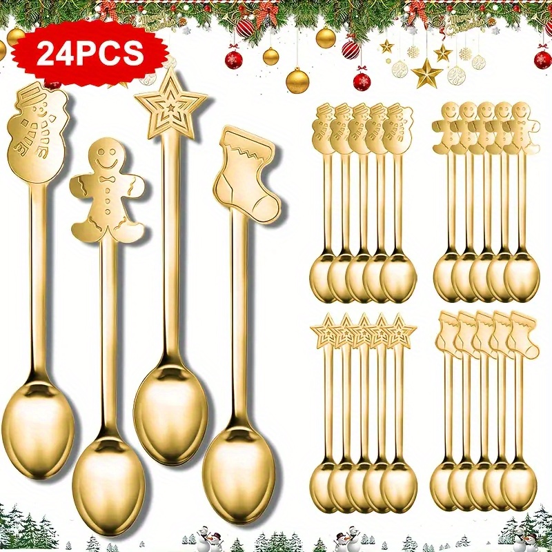 TEMU Un ensemble de 24 cuillères à café de Père Noël en pain d'épices doré, cuillères à dessert en acier inoxydable, cuillères à glace, avec des sur