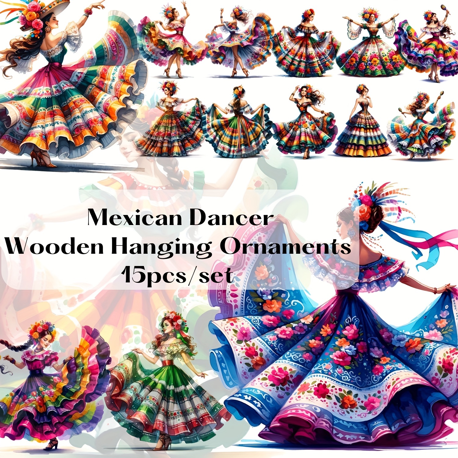 

15pcs/set Mexican Wooden Hanging Ornaments, Traditional Clothing Pendants, Christmas & Thanksgiving Decorations, Handcrafted For Tree & Home Decor