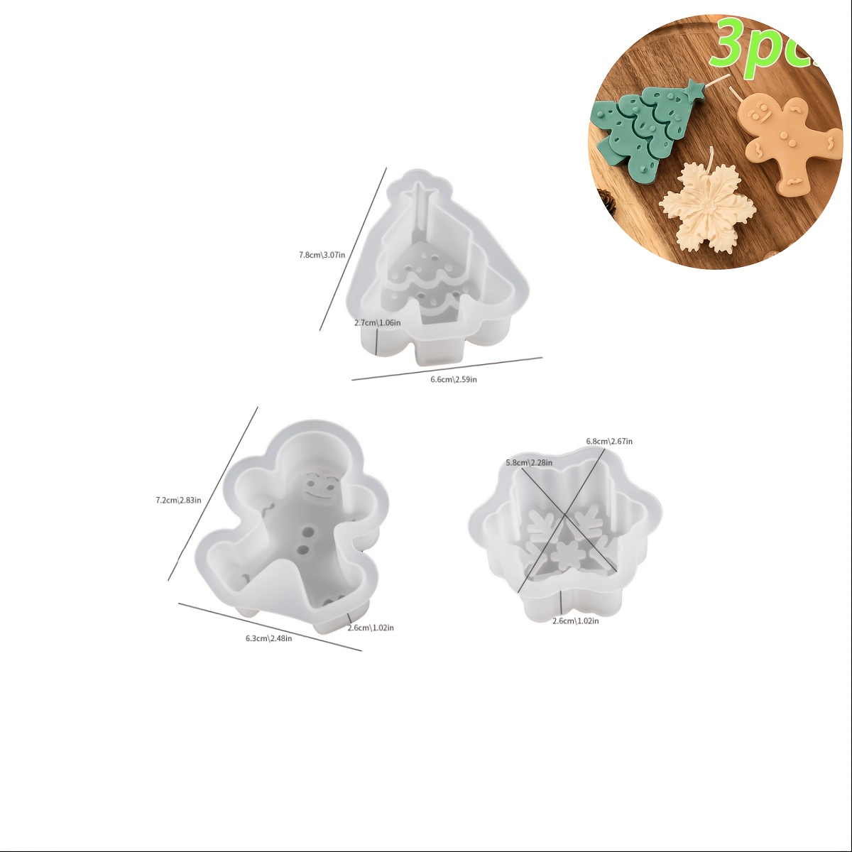 TEMU Juego de 3 moldes de resina para hombre con forma de árbol de Navidad, copo de nieve y hombre de jengibre, flexibles, duraderos y fáciles de