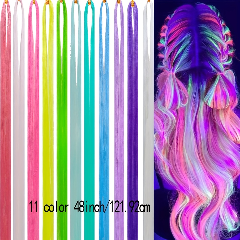 E-shop 48-Zoll 10-11-teiliges im Dunkeln leuchtendes Pailletten-Haarverlängerungs-Set, geeignet für Damen-Neon-reaktive synthetische Haar-Accessoires,