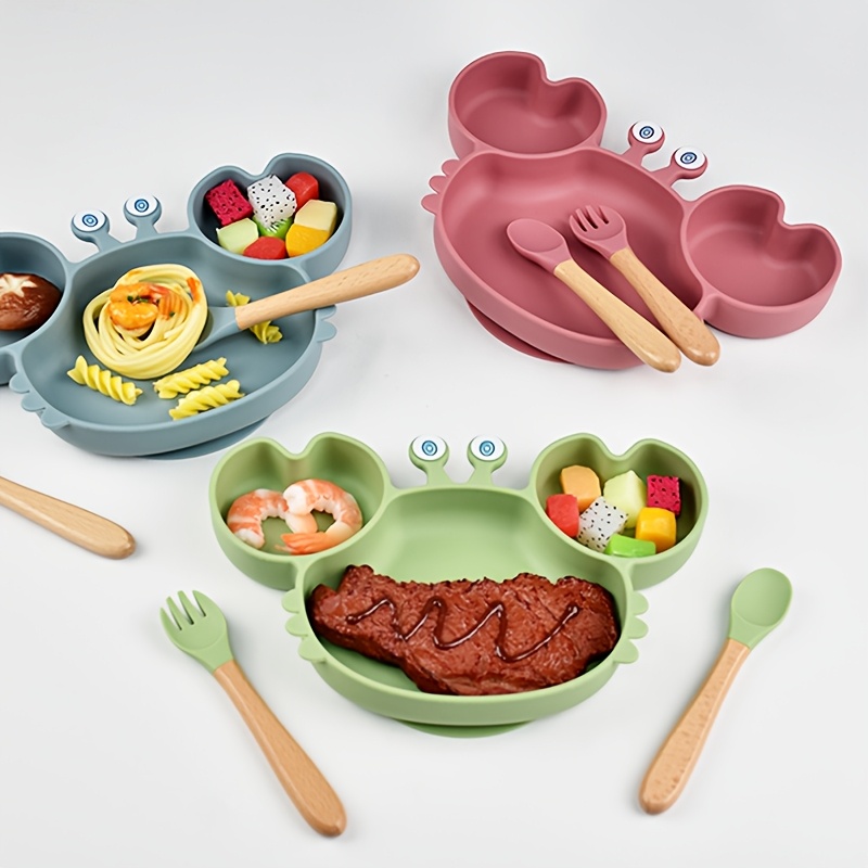 

3pcs Silicone Toddler Tableware Set, Non-slip & Drop-resistant, Crab Design With Auxiliary Spoons, Cute Learning Eating Tools For , Suitable For 0-3 Years Old