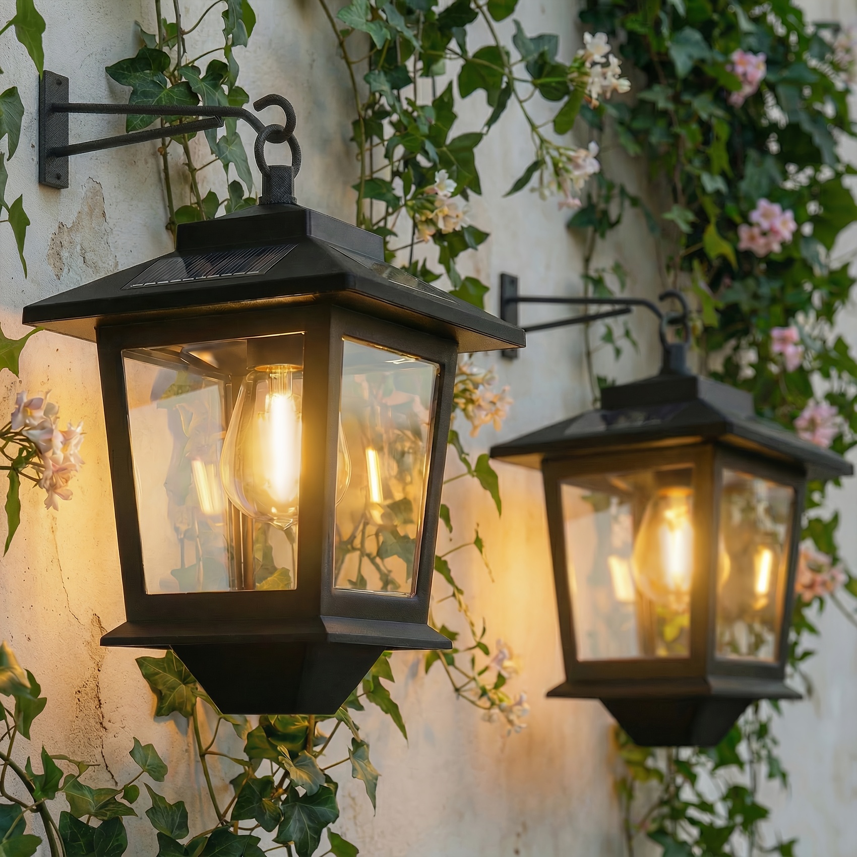 TEMU 2 Pack Solar Wall Lanterns With Replaceable Bulb, Motion Sensor Outdoor Wall Lights 2 Packs- Dusk To Dawn Outdoor Lighting, Wall Mounted Black