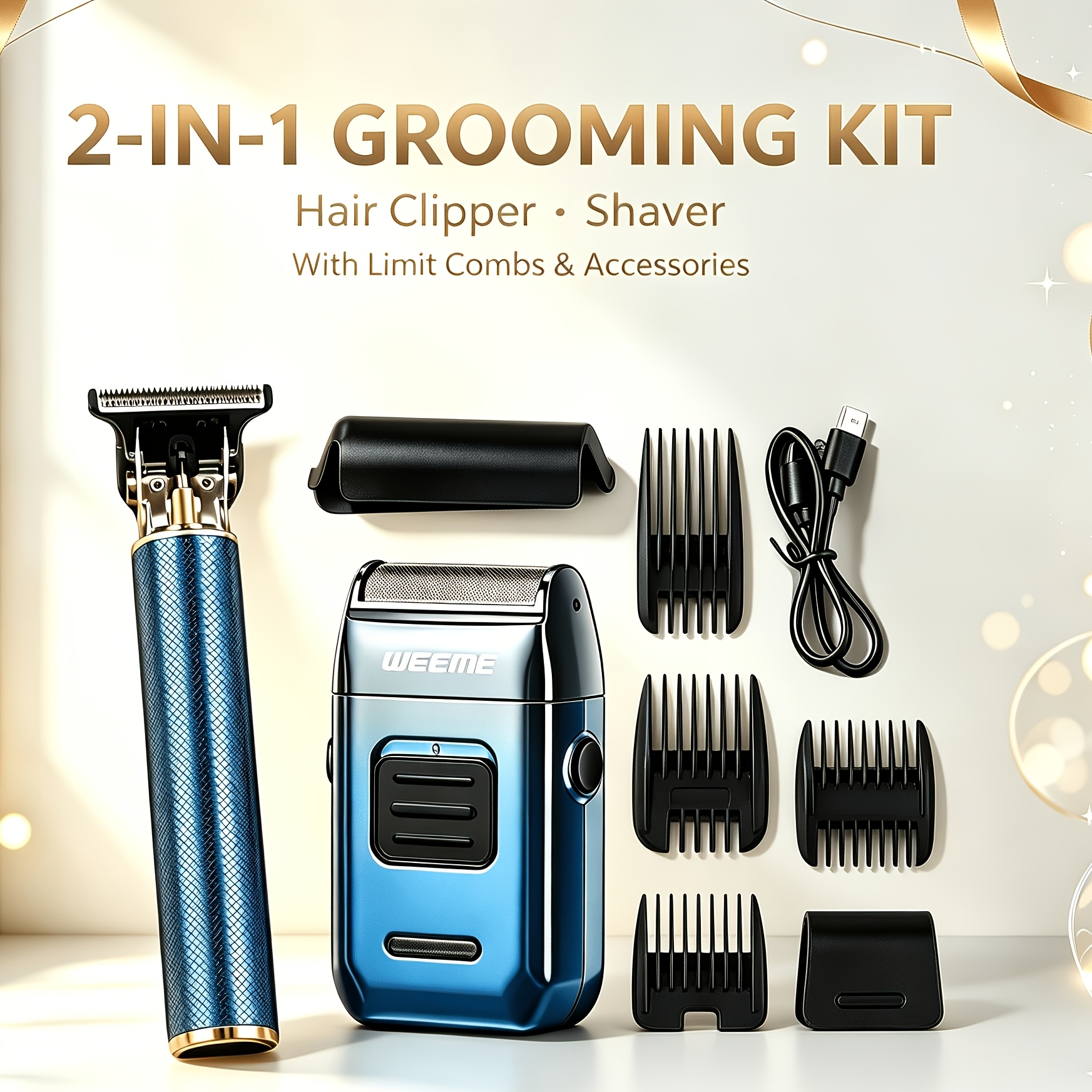 TEMU Weeme 4pcs/2pcs Kit, Rechargeable Hair Clipper Set With Nose Hair Trimmer, Electric Shaver & Beard Trimmer, Usb Powered, With 8 Guide Combs,