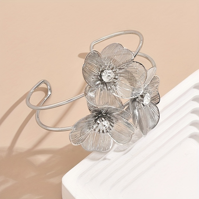 Adjustable Floral Cuff Bracelet with Gemstone Accents