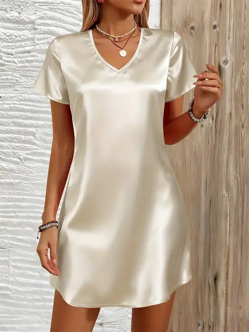 Plus Size - Plus Size - Women'S Stylish Solid Color Dress, Summer Satin Short Sleeve V-Neck Casual Elegant Dress, Plus Size Women'S Clothing Plus Size - Plus Size - Women'S Stylish Solid Color Dress, Summer Satin Short Sleeve V-Neck Casual Elegant Dress, Plus Size Women'S Clothing