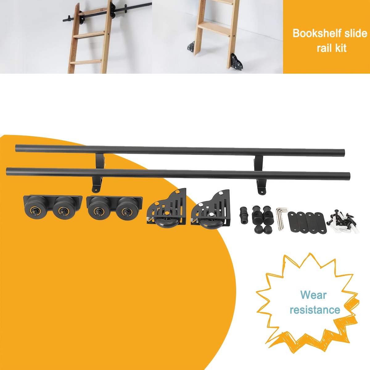 Rolling Library Sliding Ladder, Rolling Library Ladder, Sliding Ladder Rail Set For Bookshelves Kitchen, Furniture, Heavy Duty Sliding Ladder Rail With Brake