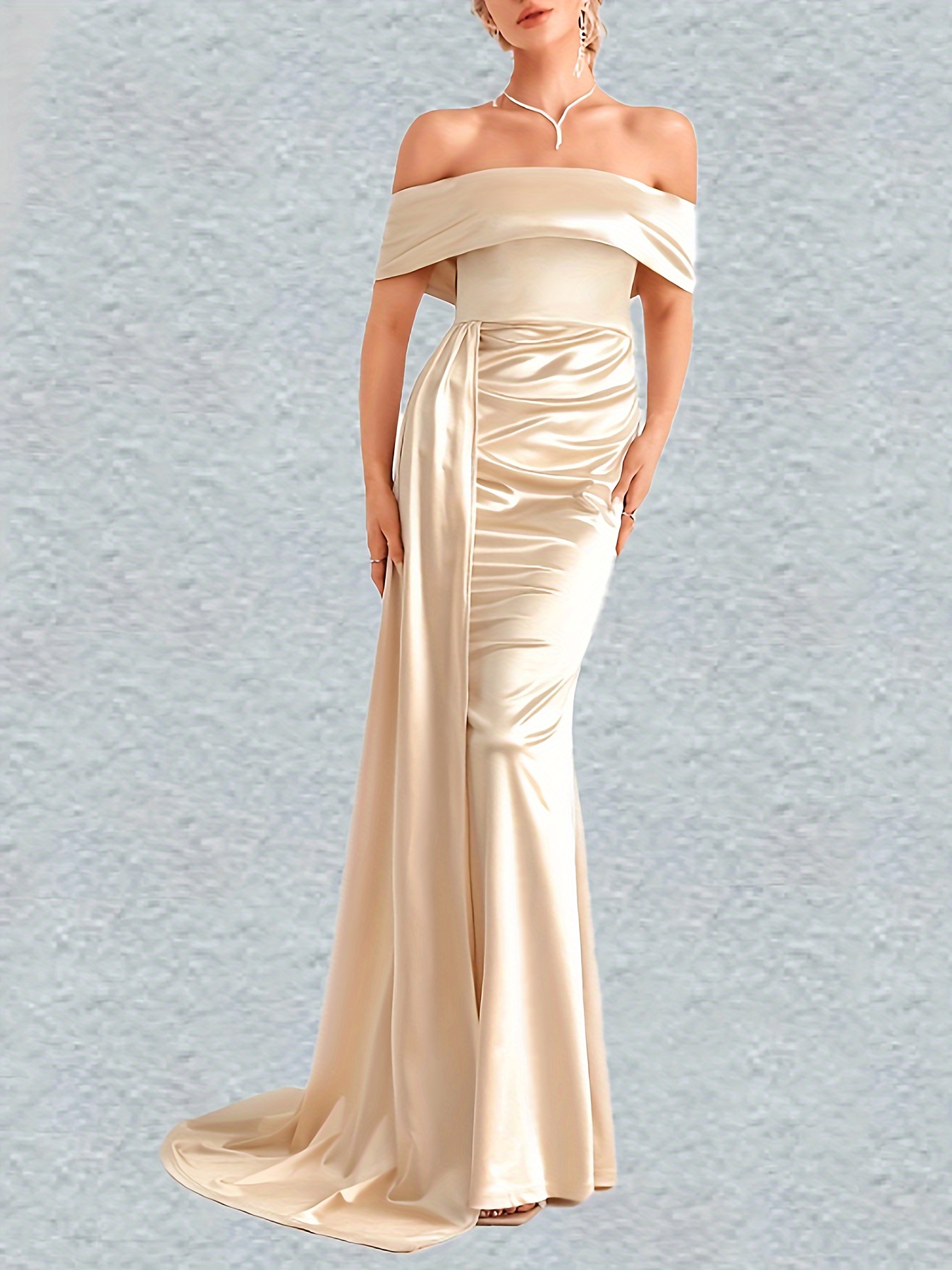 shoulder Foldover Dress Elegant Solid Color Flare Dress - Temu