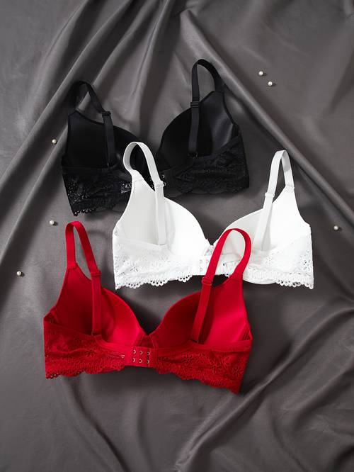 3pcs womens push up bra set with contrast lace trim seamless non removable pads underwire support elegant design in black white red lingerie bras