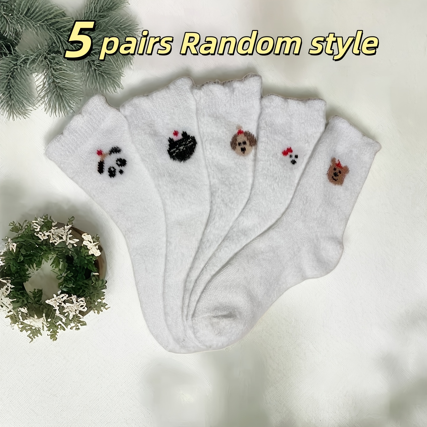 E-shop 5 Paar zufällig verpackte, reinweiße Damen-Schlafsocken im japanischen Stil, 'S, mittelhoch, verdickt mit Fleece, Winter-verdickt, warm und