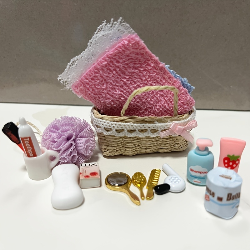 

Dollhouse Set - Miniature Toiletries With Woven Basket, Includes Soap, Brushes, Towels, And Accessories For Doll Grooming, Dollhouse Bathroom