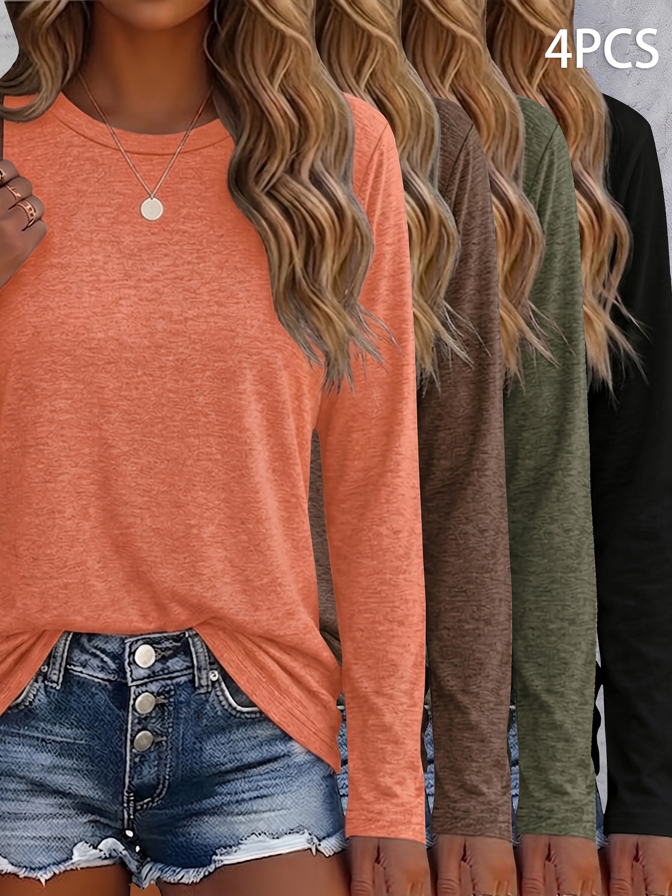 solid color 4pcs set new autumn winter casual womens colored round neck long sleeve t shirt comfortable and breathable fashionable womens spring autumn round neck long sleeve t shirt easy and elegant casual womens clothing