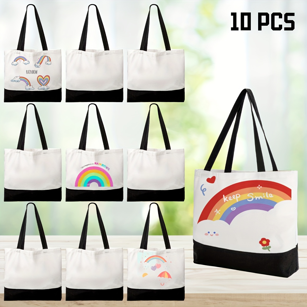TEMU 10 Pack Canvas Tote Bags Sublimation Blanks With Long Handle, X 15 X 4 Inch Reusable Grocery Bags For Decorating Crafting Painting Shopping,