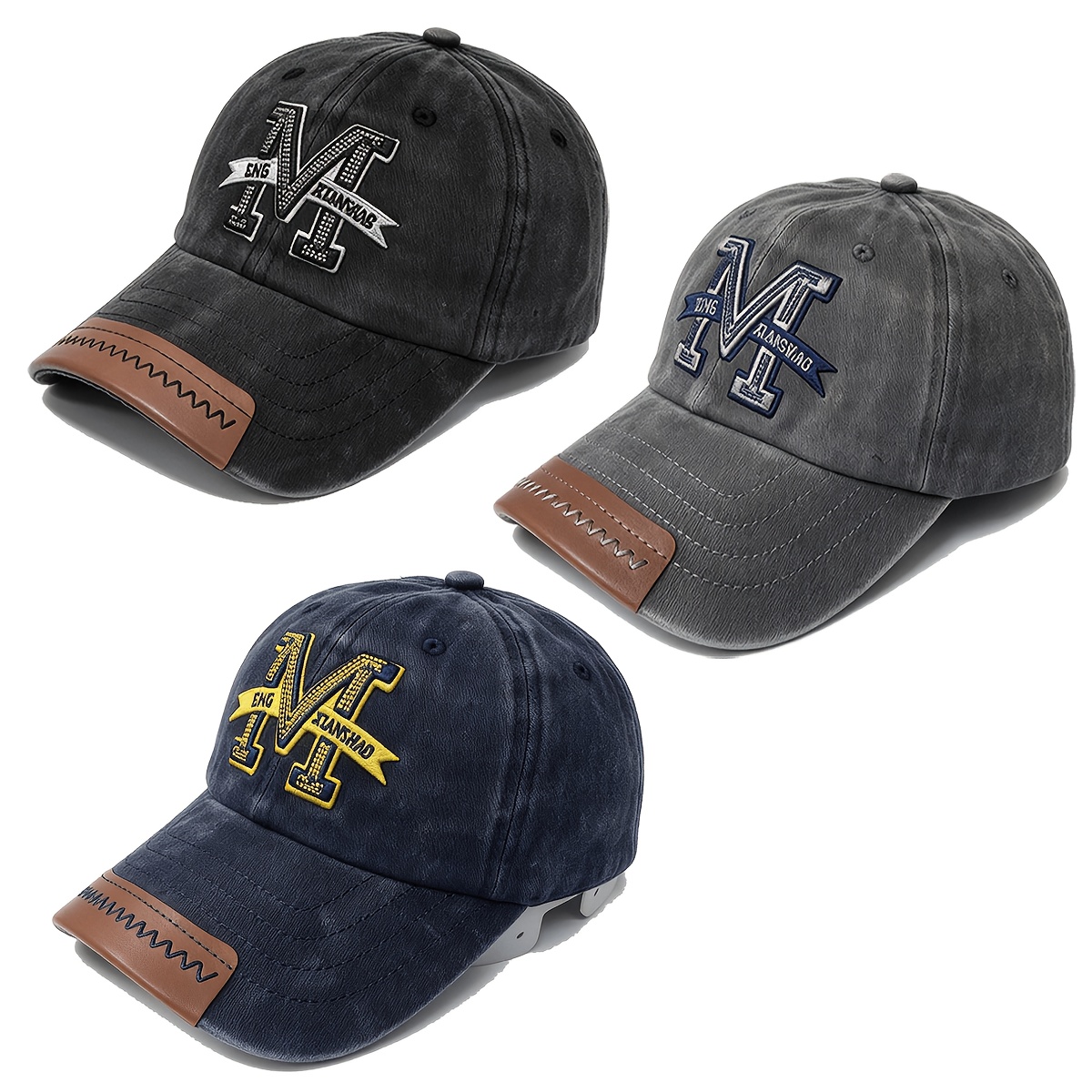 Image of 3pcs Vintage Baseball Caps, Unisex, Ideal For Outdoor Use. Made From Washed With Vintage "m" Letter Embroidery, This Baseball Cap Is A Stylish