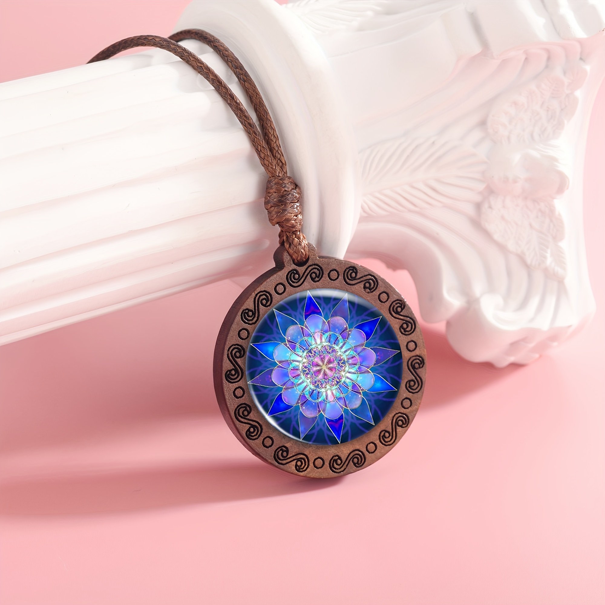 Wooden Pendant Necklace with Blue Lotus Pattern