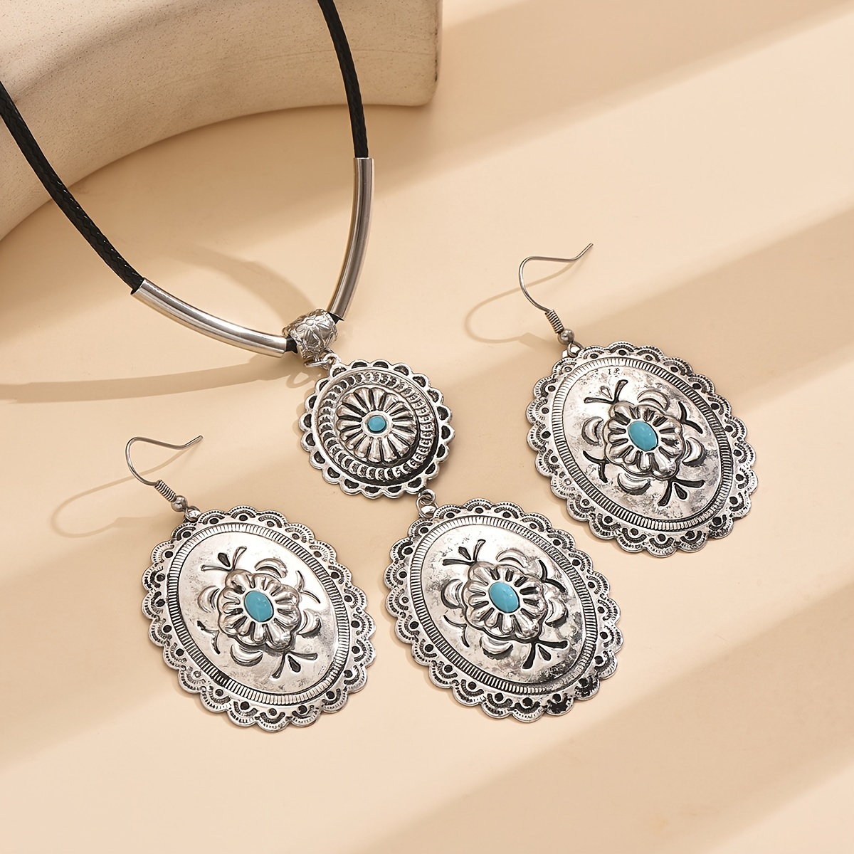 Boho Retro Green Turquoise Jewelry Set Necklace Earrings Vintage Statement