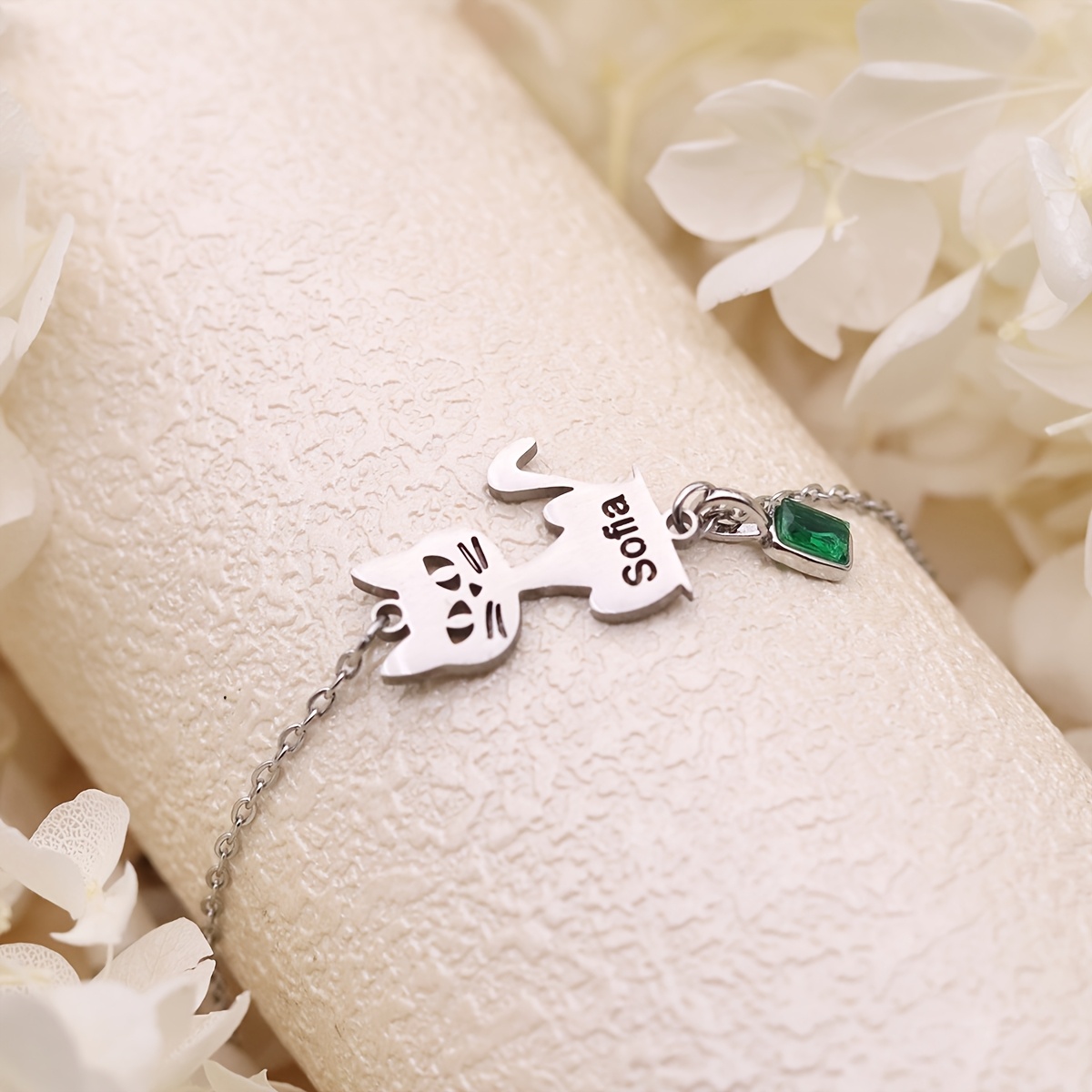 Customizable Cat Silhouette Bracelet with Name and Green Zirconia