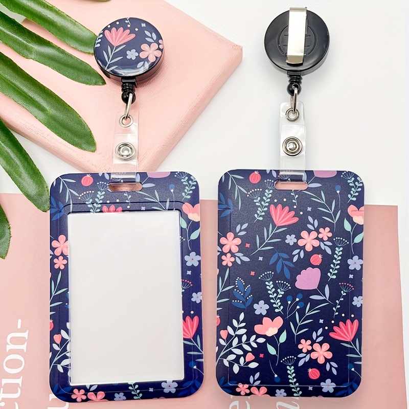 

Premium Floral Uv-printed Retractable Id & Card Holder With Easy-slide Cover - Durable Abs, Perfect For Work, Student, And Transit Cards