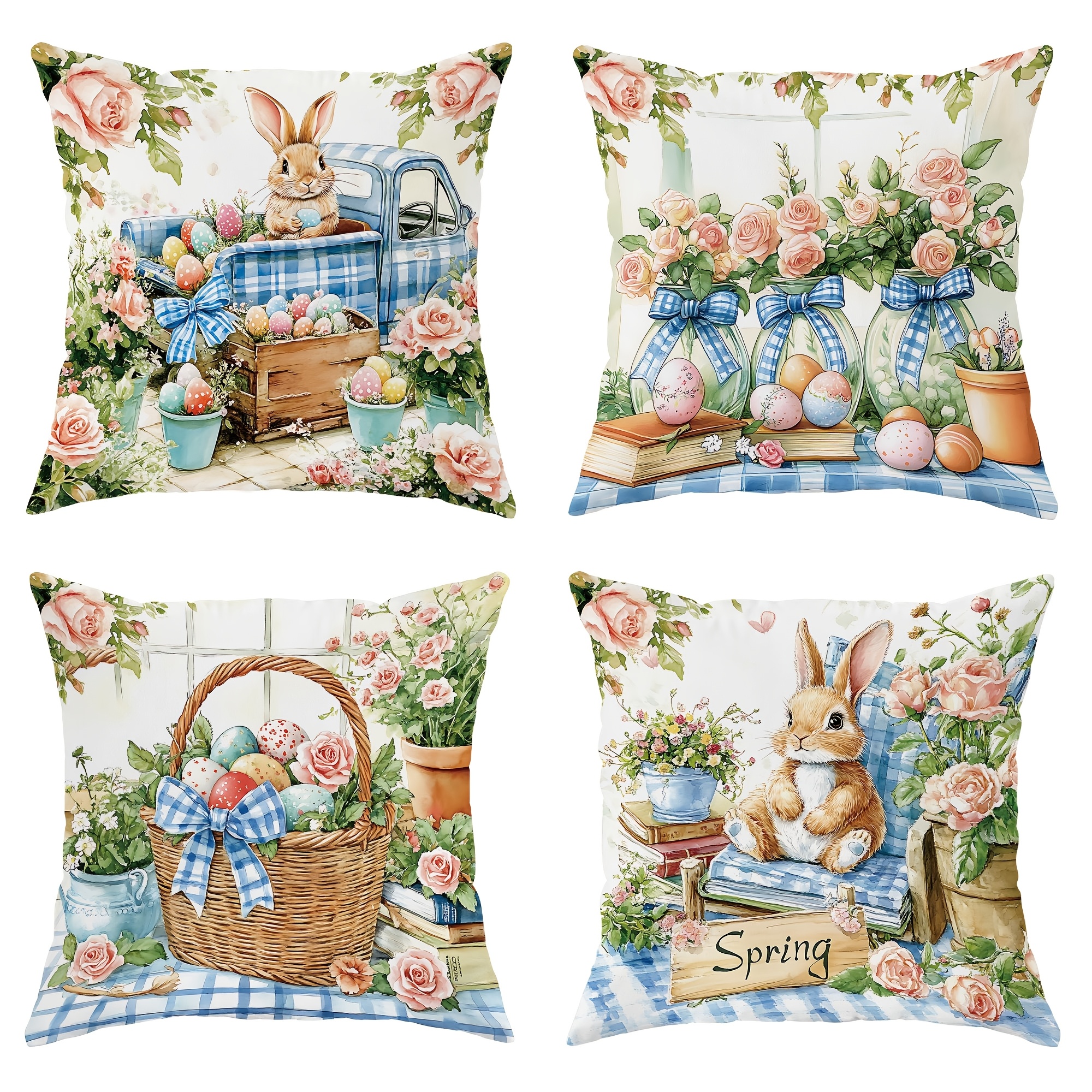 

4pcs Easter Decoration Bunny Rabbit Basket Rose Throw Pillow Covers Cute Pillowcases 1 Sided Printing 45x45cm/18x18in For Spring Living Room Bedroom Sofa Bed Decor Without Pillow Inserts