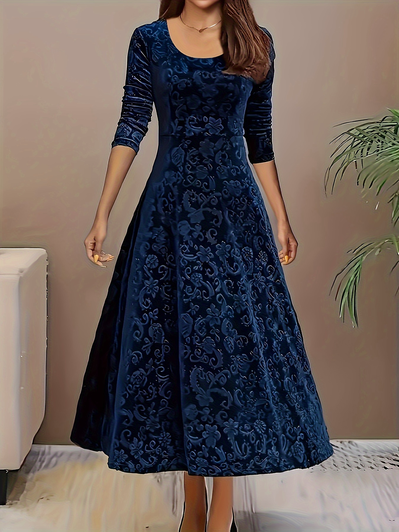 knee length dresses for ladies Red Dahlia Velvet Frilled Neck Gigot Sleeve Swing Dress