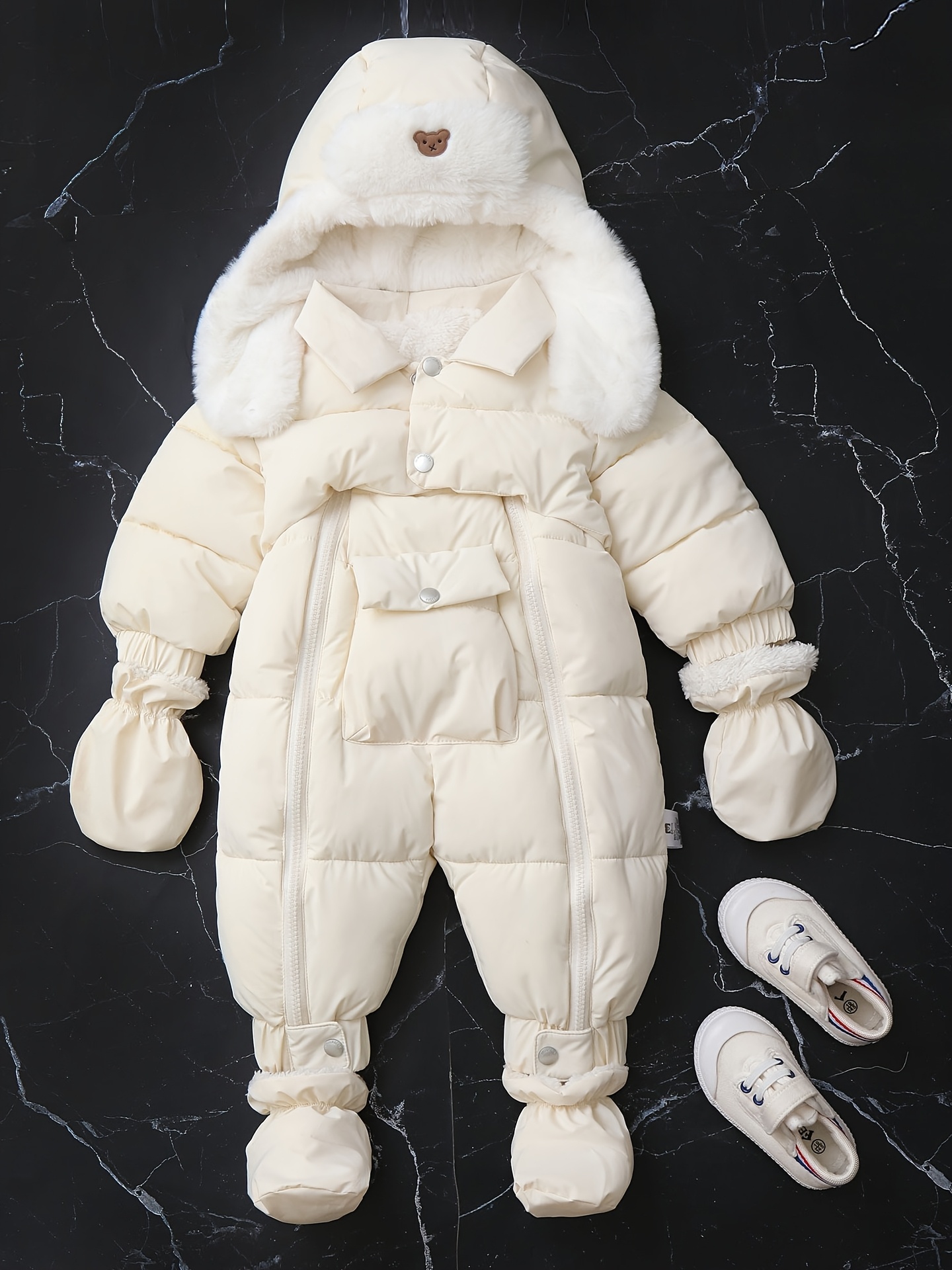 baby infant toddler thermal winter jumpsuit fleece lined thickened romper with hood collar full zip closure soft polyester cold weather   for boys girls hand wash   winter clothes   change cute animal design plush lined  