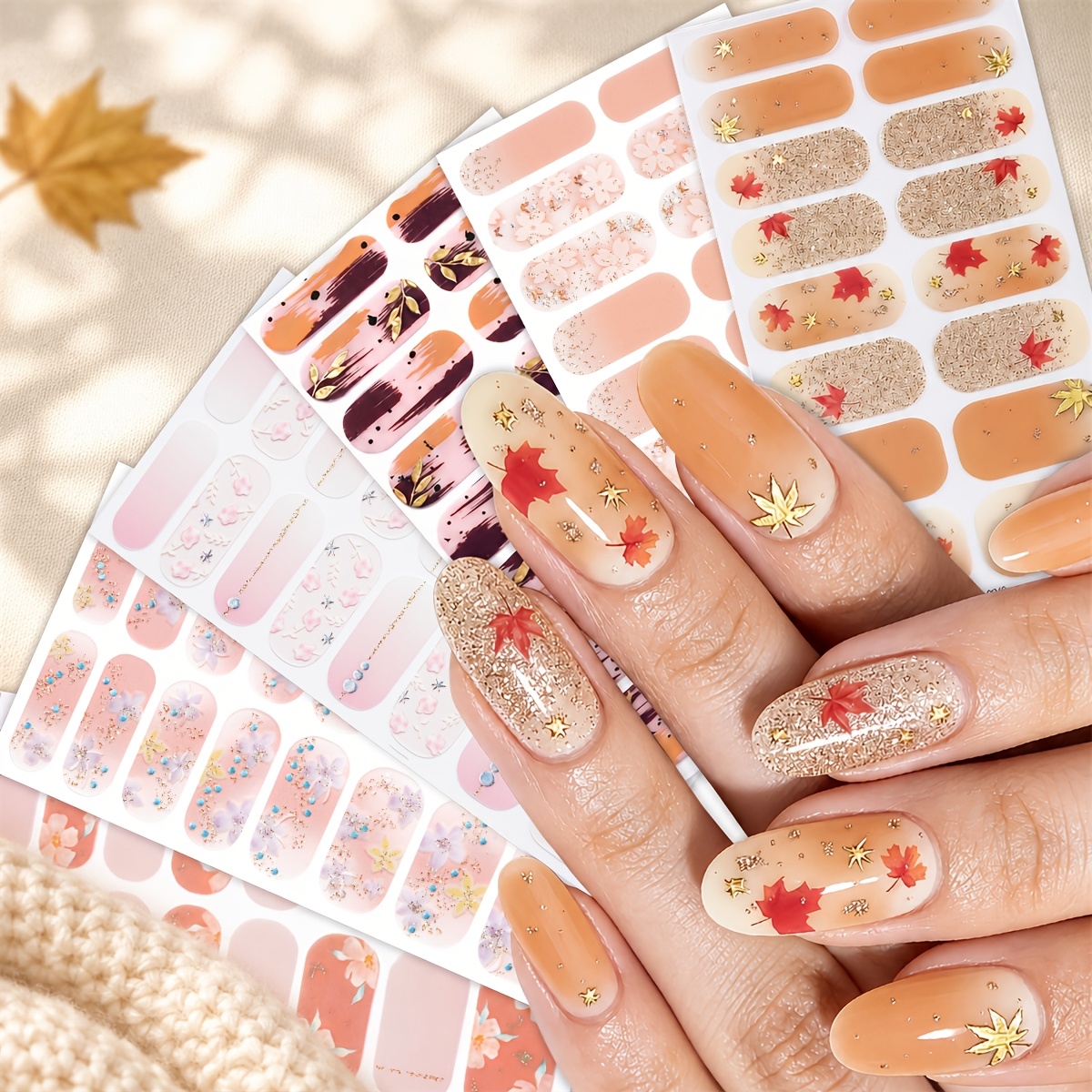 TEMU Feuille d'Érable Champagne Doré, 6pcs Autocollants Intégraux pour Ongles Automne, Stickers de Vernis à Ongles Autoadhésifs Nude Orange et