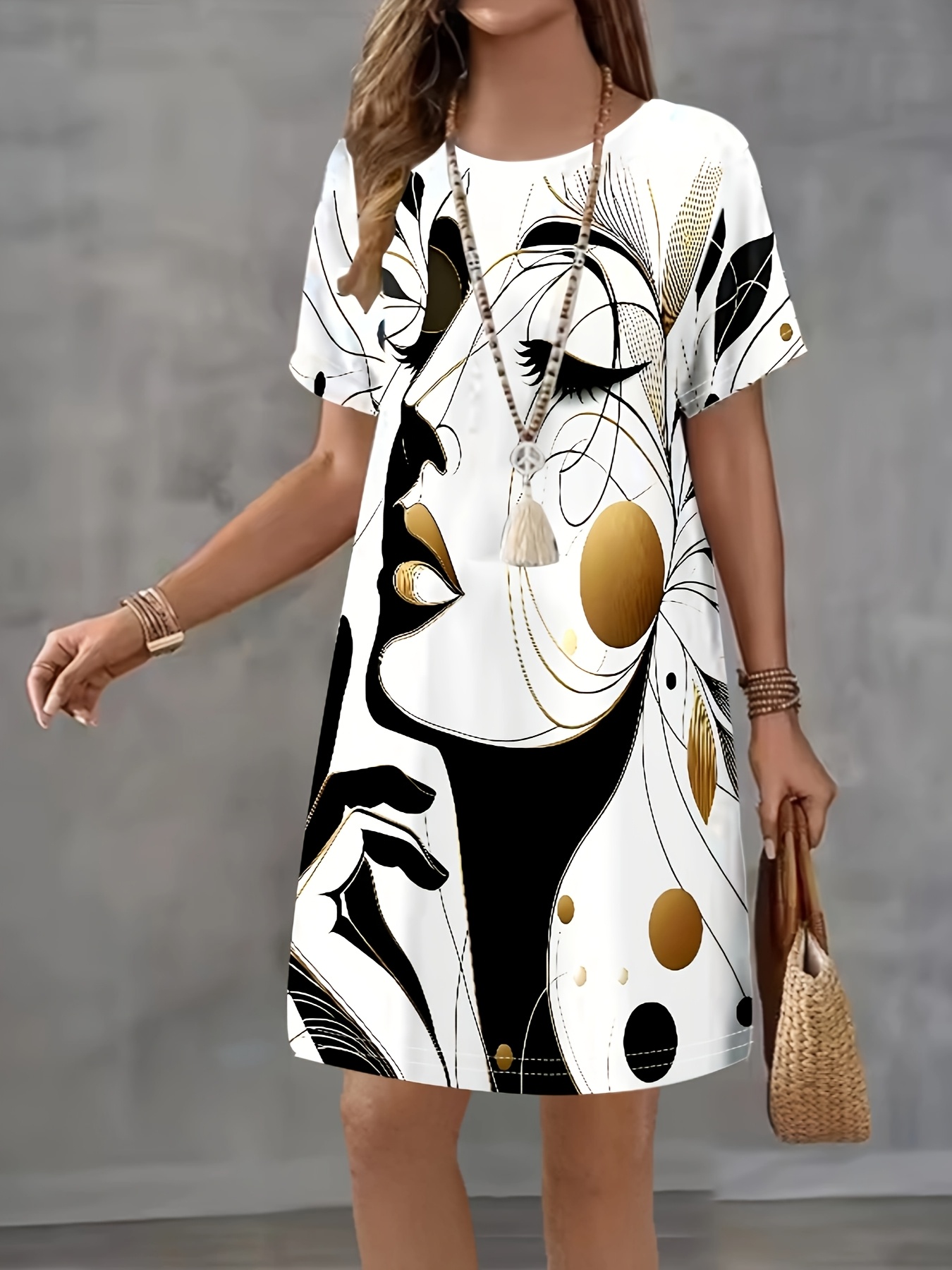abstract art face print womens dress vintage short sleeve - Temu Georgia