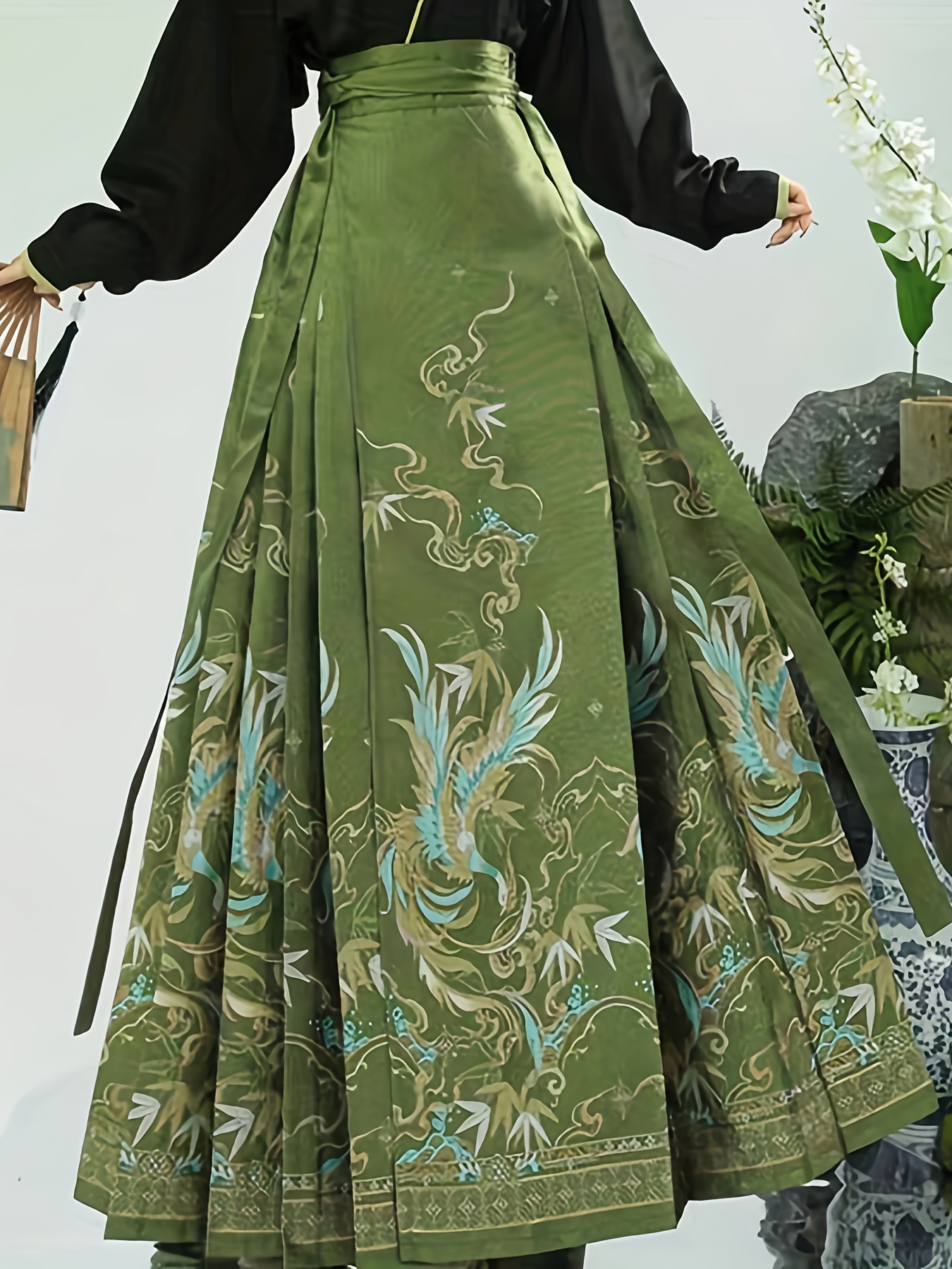 Leaf Pattern Pleated Skirt, Chinese Style Tie High Waist A-line Maxi Horse  Face Skirt, Women's Clothing