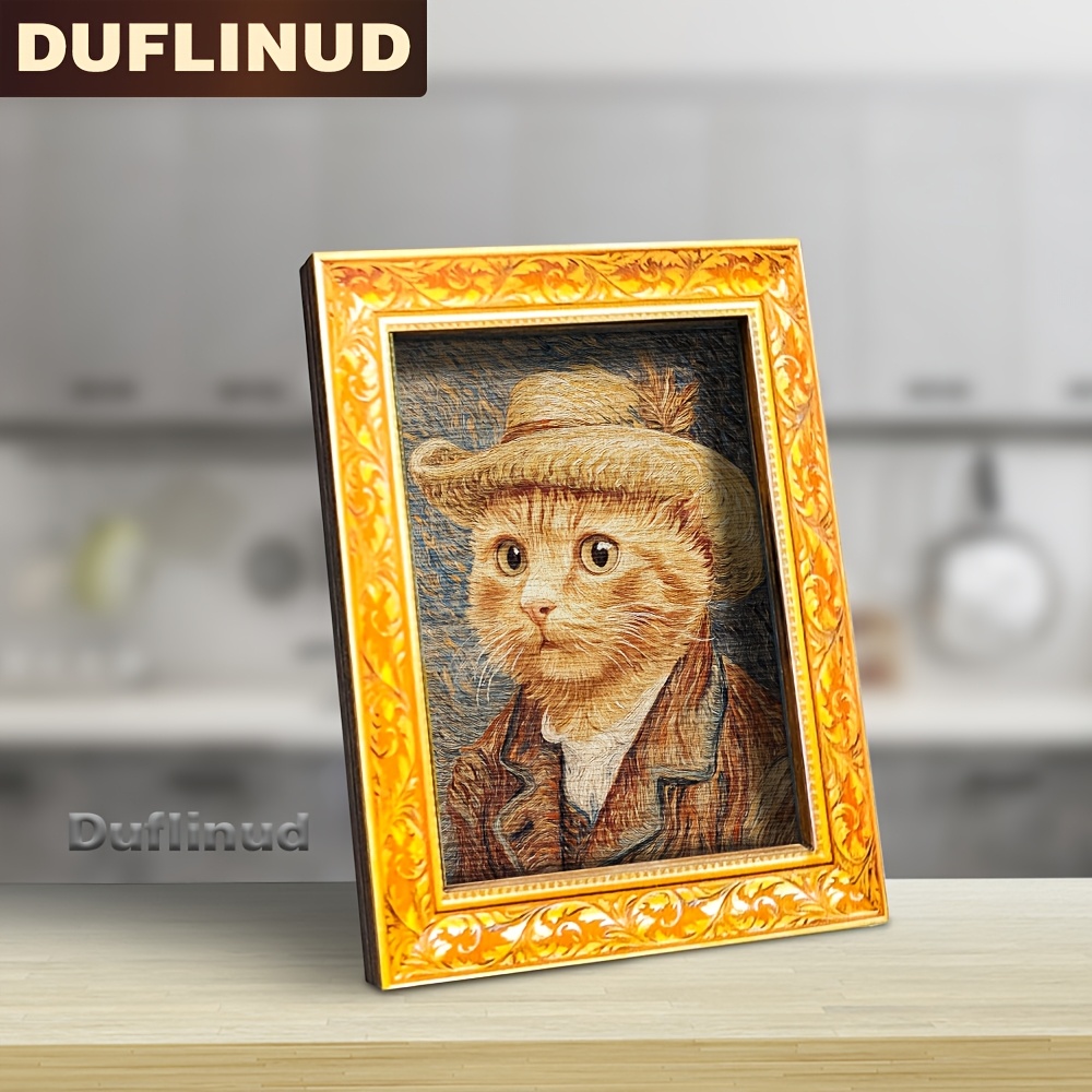 TEMU 1 Van Gogh Cat Refrigerator Magnet, Wooden Mini Decorative Painting, Gentleman Cat Hanging Art With Hat-wearing Cat Design, Vintage , Home